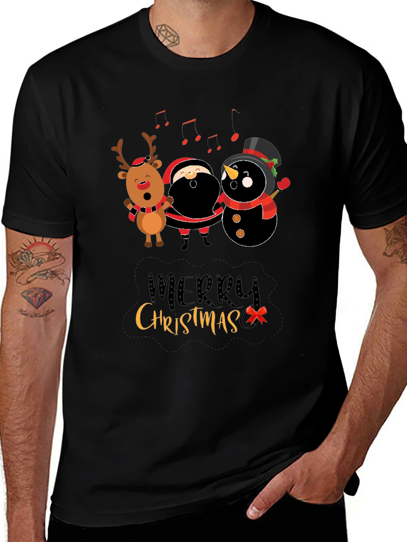 Merry Christmas Graphic Tee - Santa Reindeer Snowman