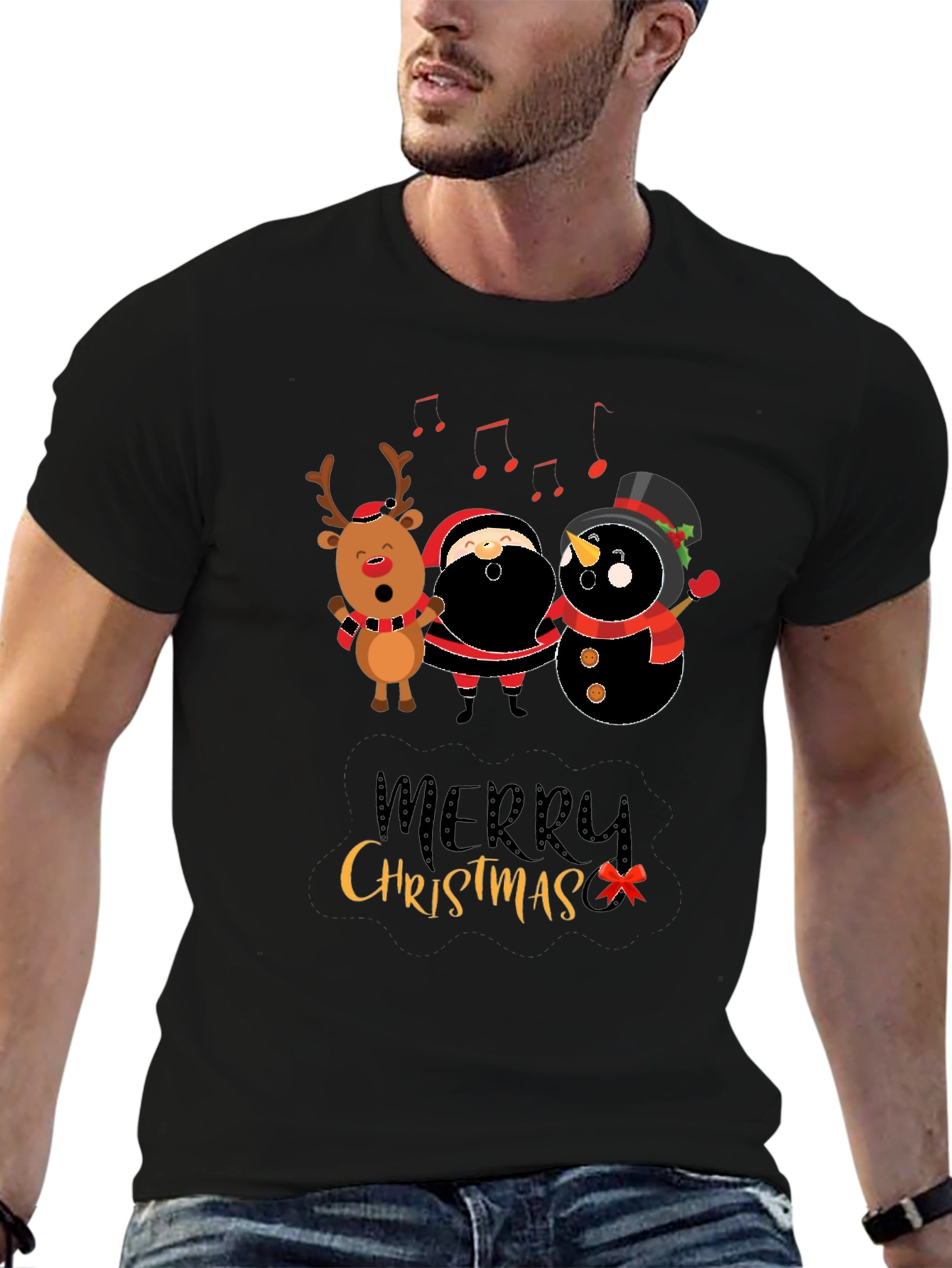 Merry Christmas Graphic Tee - Santa Reindeer Snowman