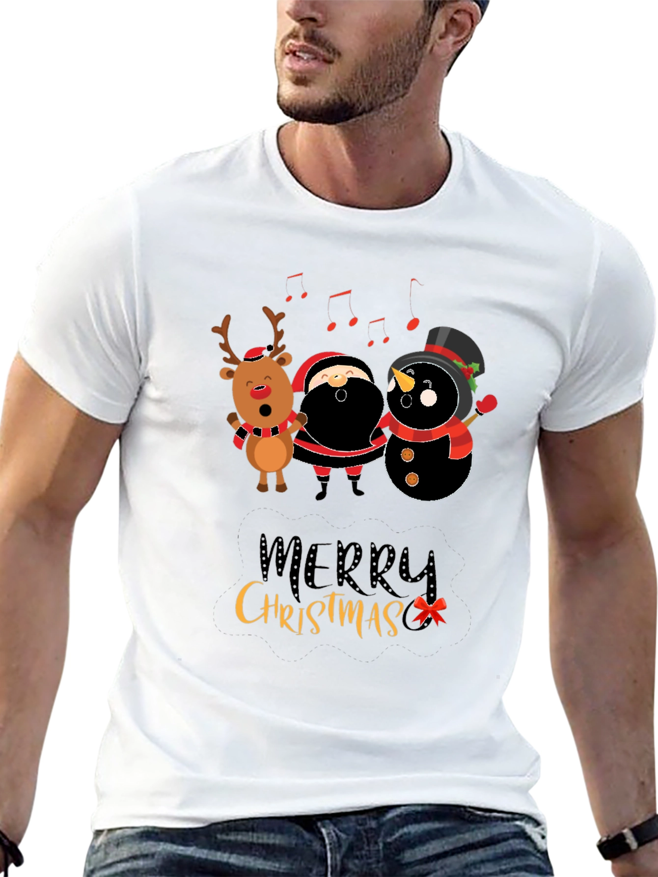 Merry Christmas Graphic Tee - Santa Reindeer Snowman