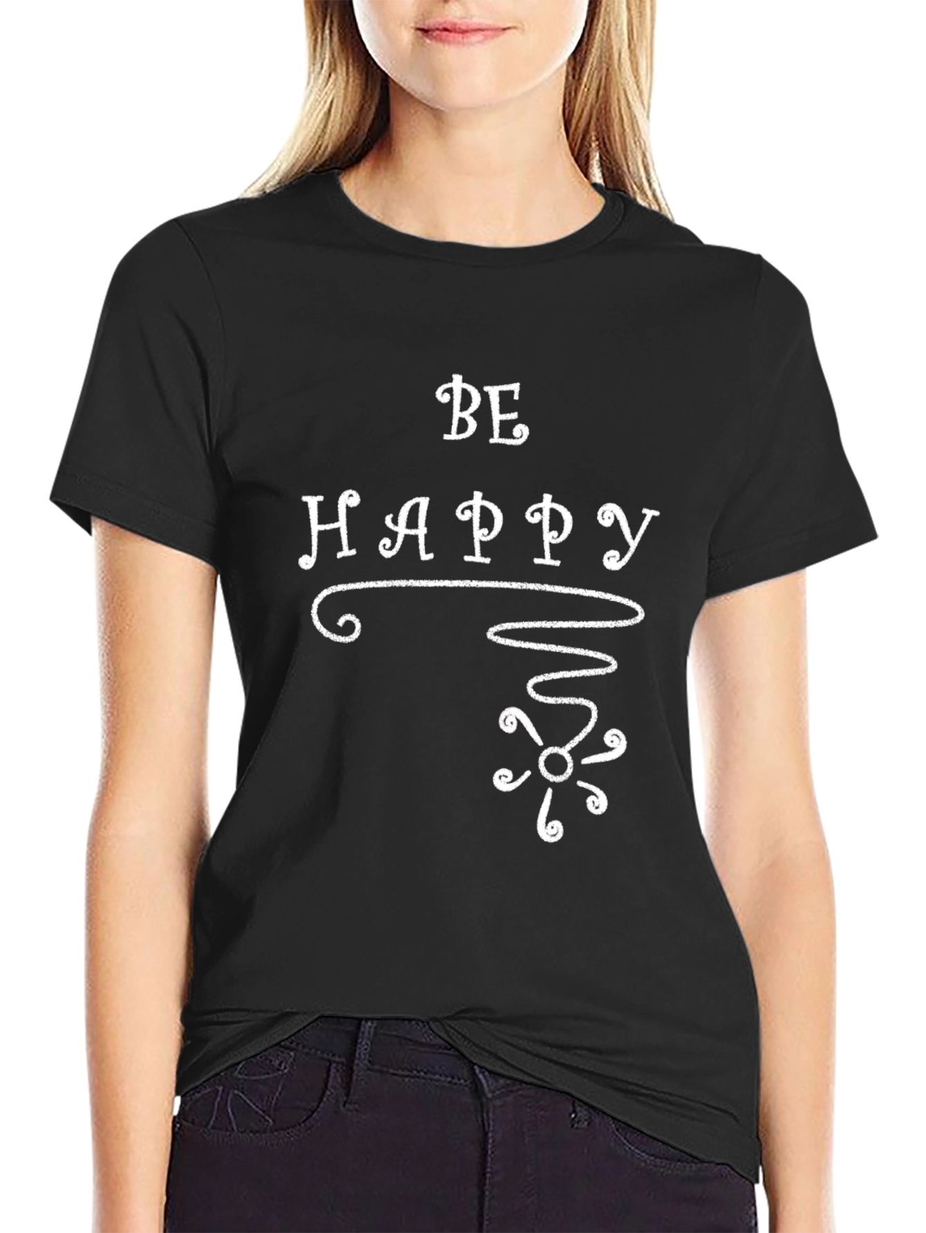 Be Happy Graphic T-Shirt Black Crew Neck Tee