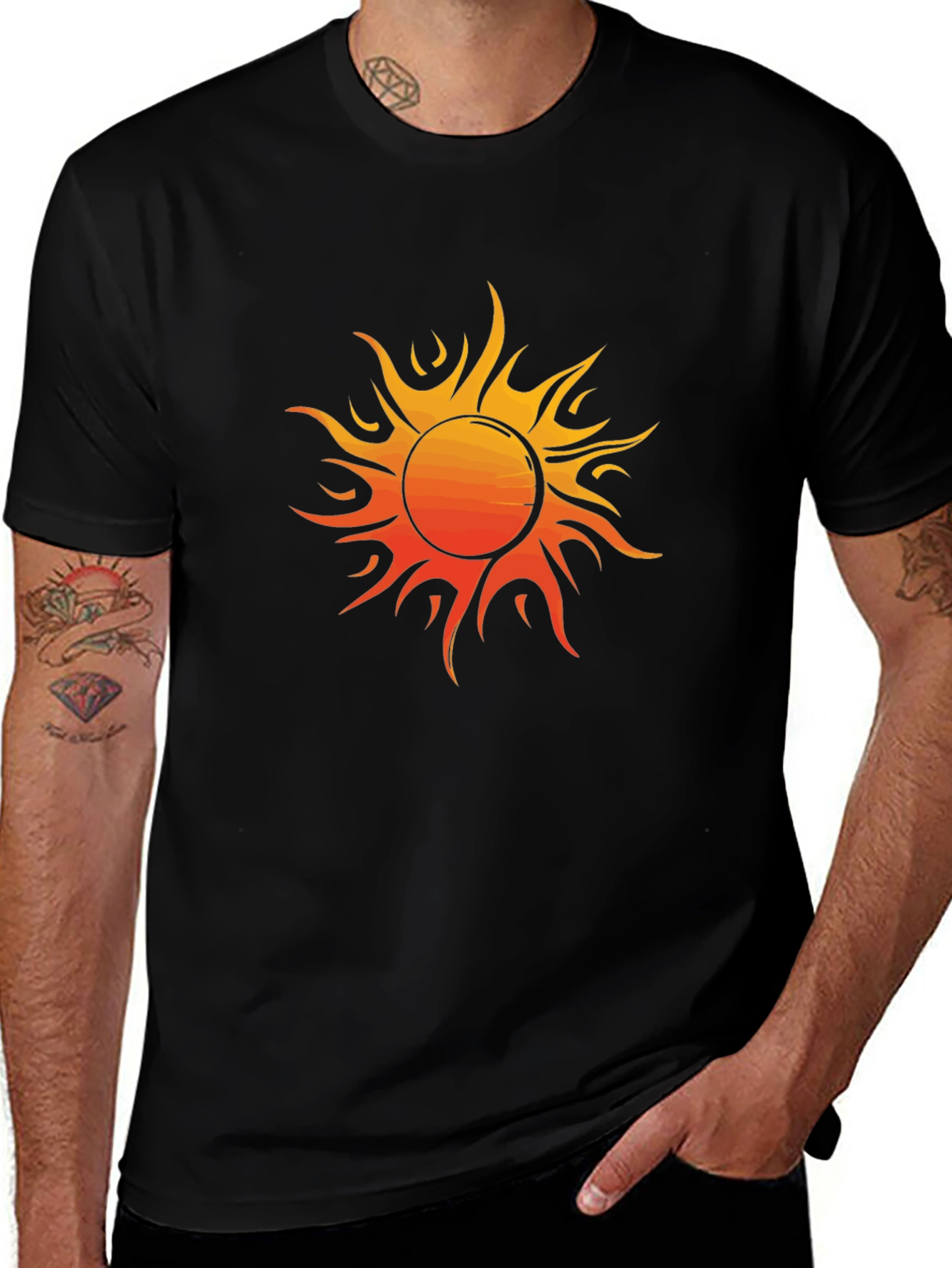 Fiery Sun Graphic Tee - Bold Black Cotton Shirt