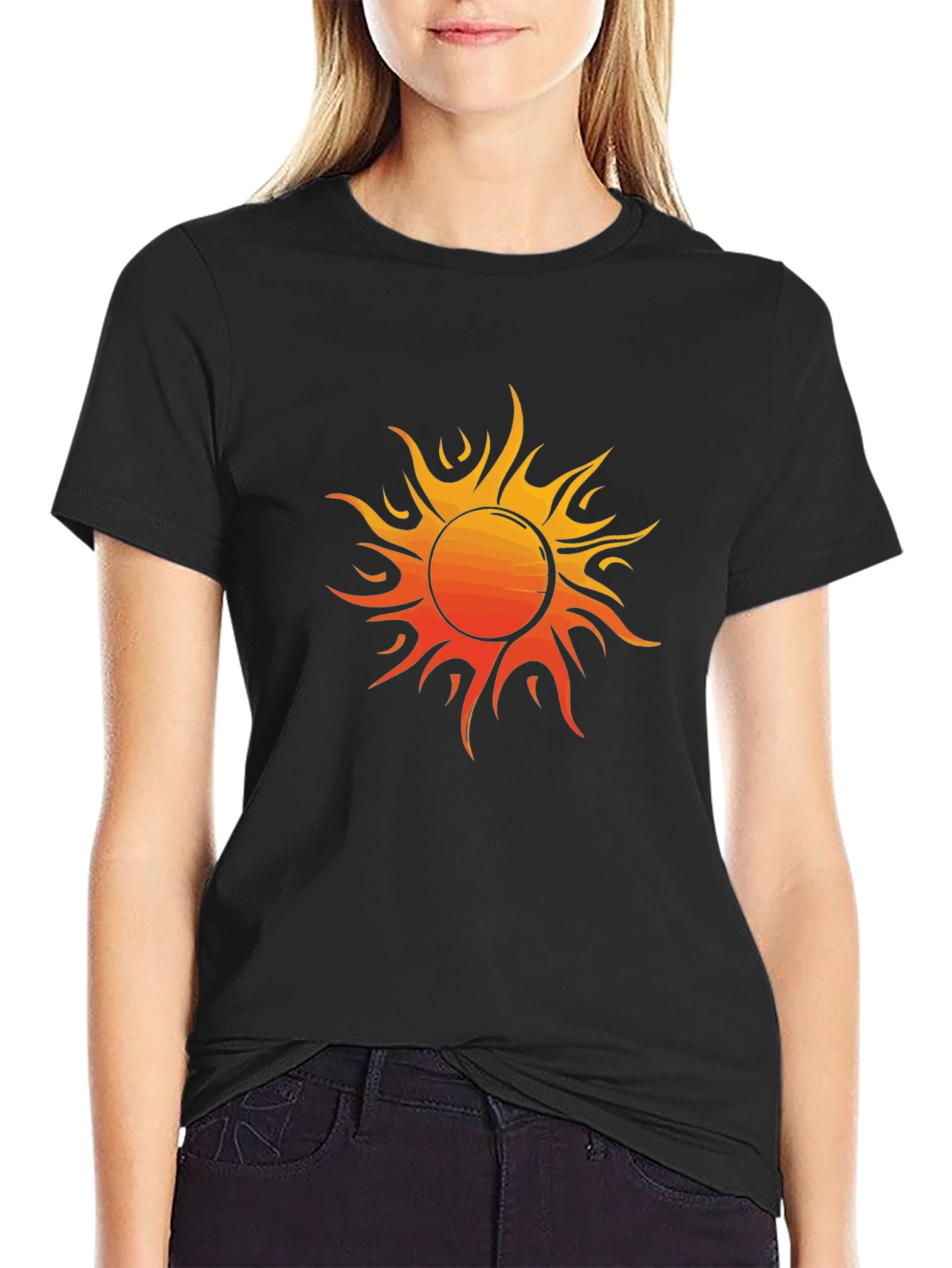 Fiery Sun Graphic Tee - Bold Black Cotton Shirt