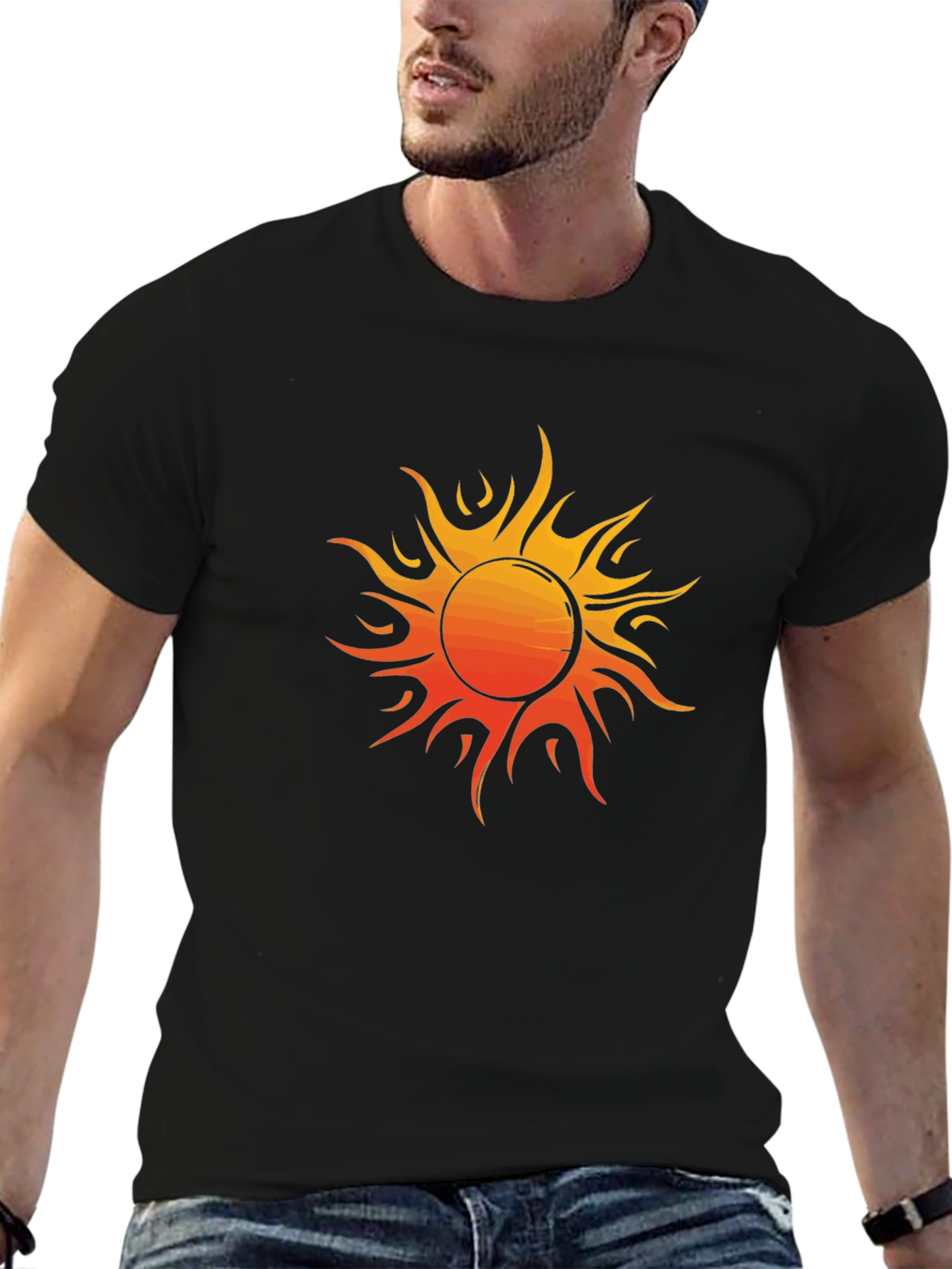 Fiery Sun Graphic Tee - Bold Black Cotton Shirt