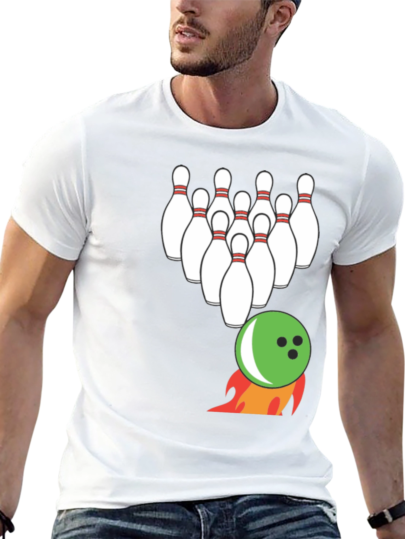 Bowling Strike T-Shirt: Flaming Ball & Pins Design
