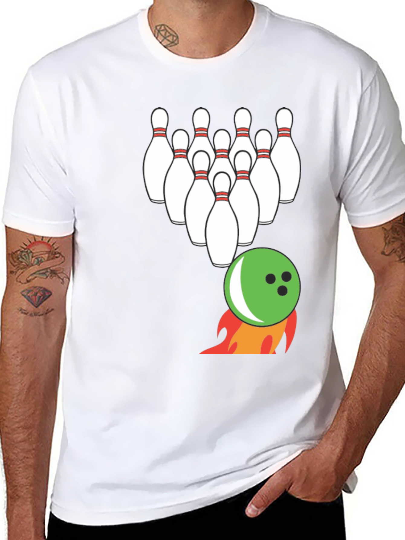 Bowling Strike T-Shirt: Flaming Ball & Pins Design