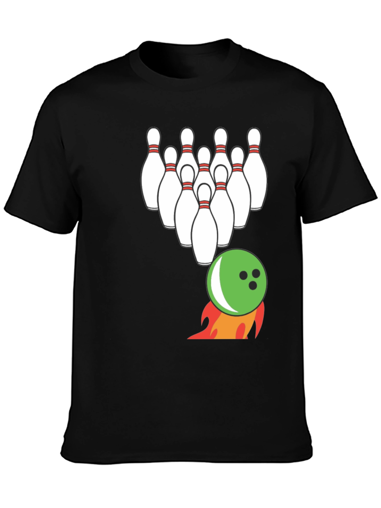 Bowling Strike T-Shirt: Flaming Ball & Pins Design