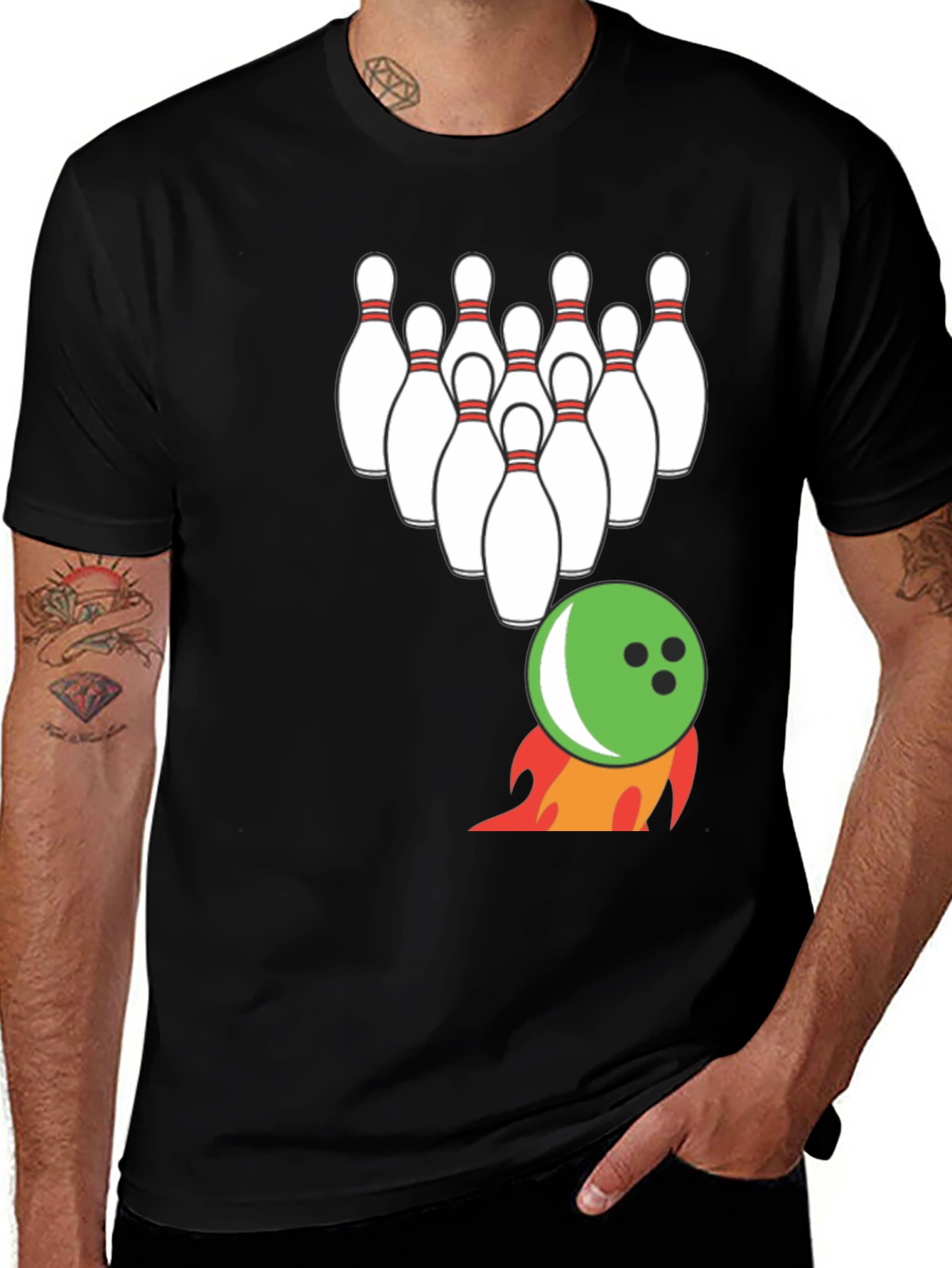 Bowling Strike T-Shirt: Flaming Ball & Pins Design