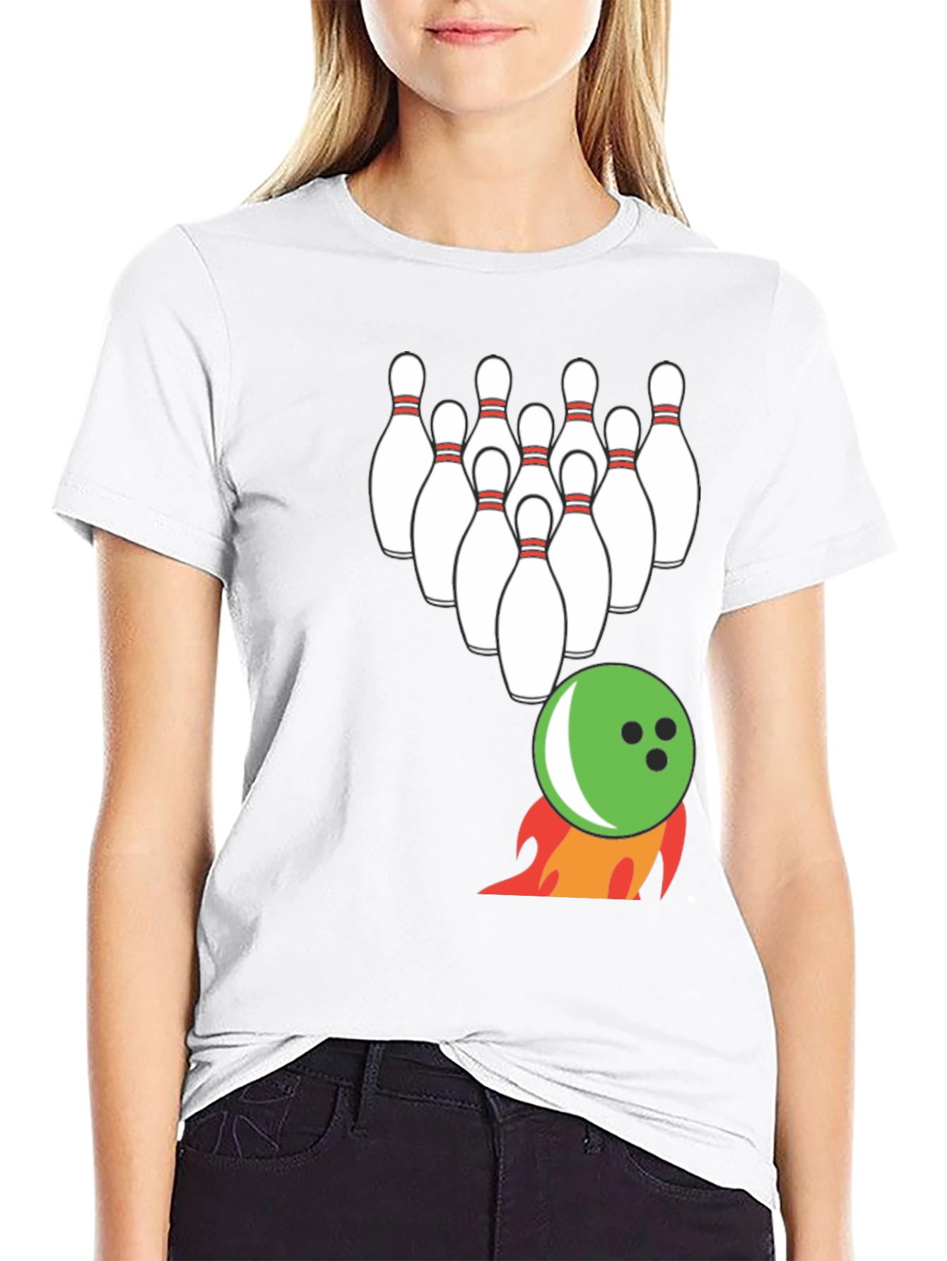 Bowling Strike T-Shirt: Flaming Ball & Pins Design