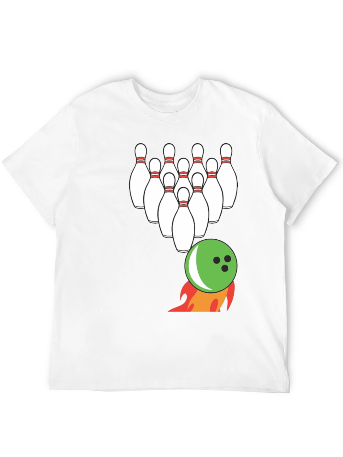 Bowling Strike T-Shirt: Flaming Ball & Pins Design