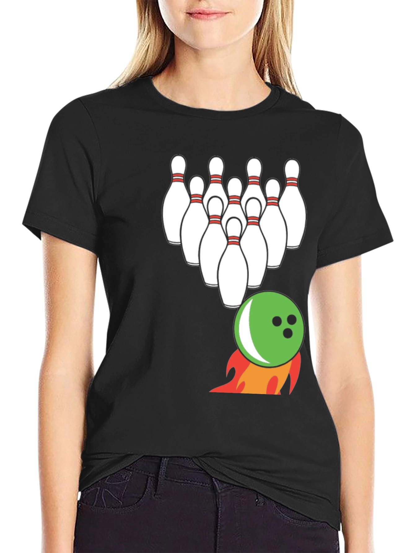 Bowling Strike T-Shirt: Flaming Ball & Pins Design