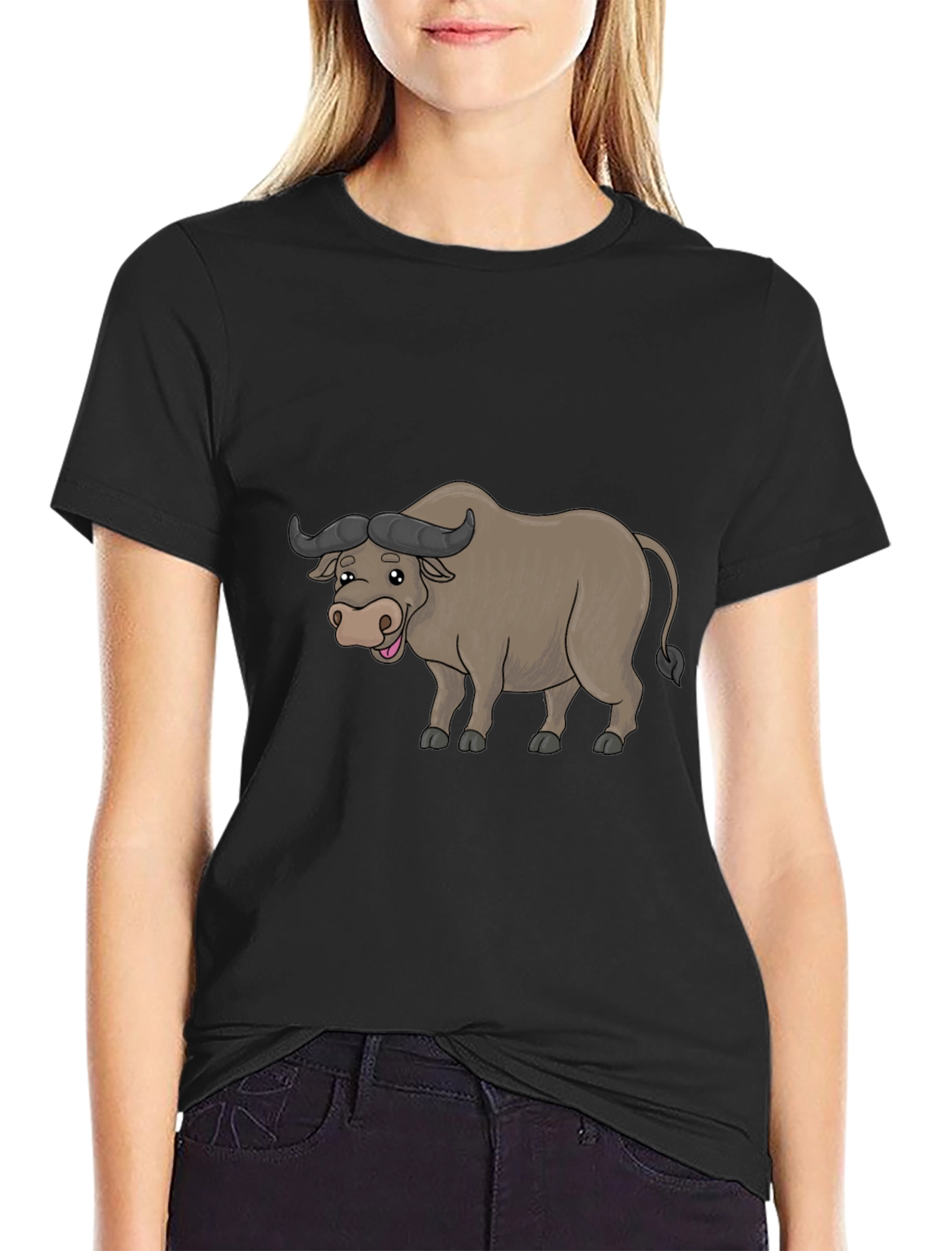 Funny Buffalo Cartoon Black T-Shirt