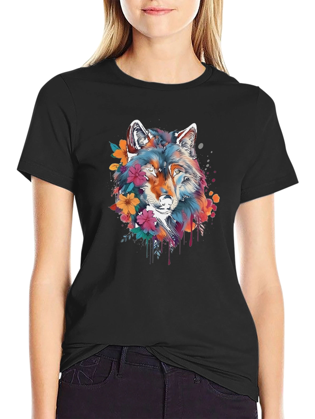 Floral Wolf Graphic Black T-Shirt
