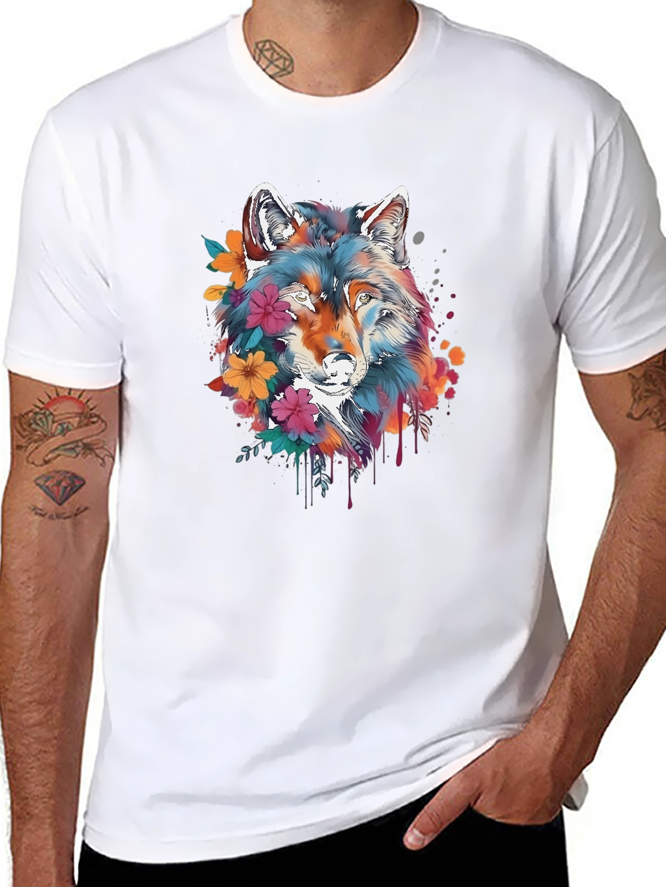 Floral Wolf Graphic Black T-Shirt