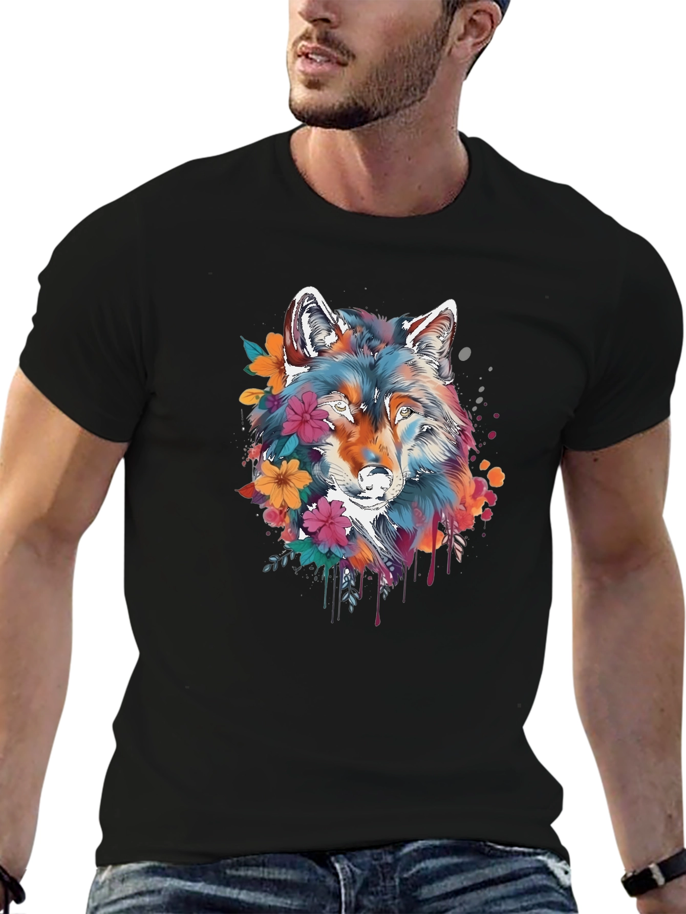 Floral Wolf Graphic Black T-Shirt