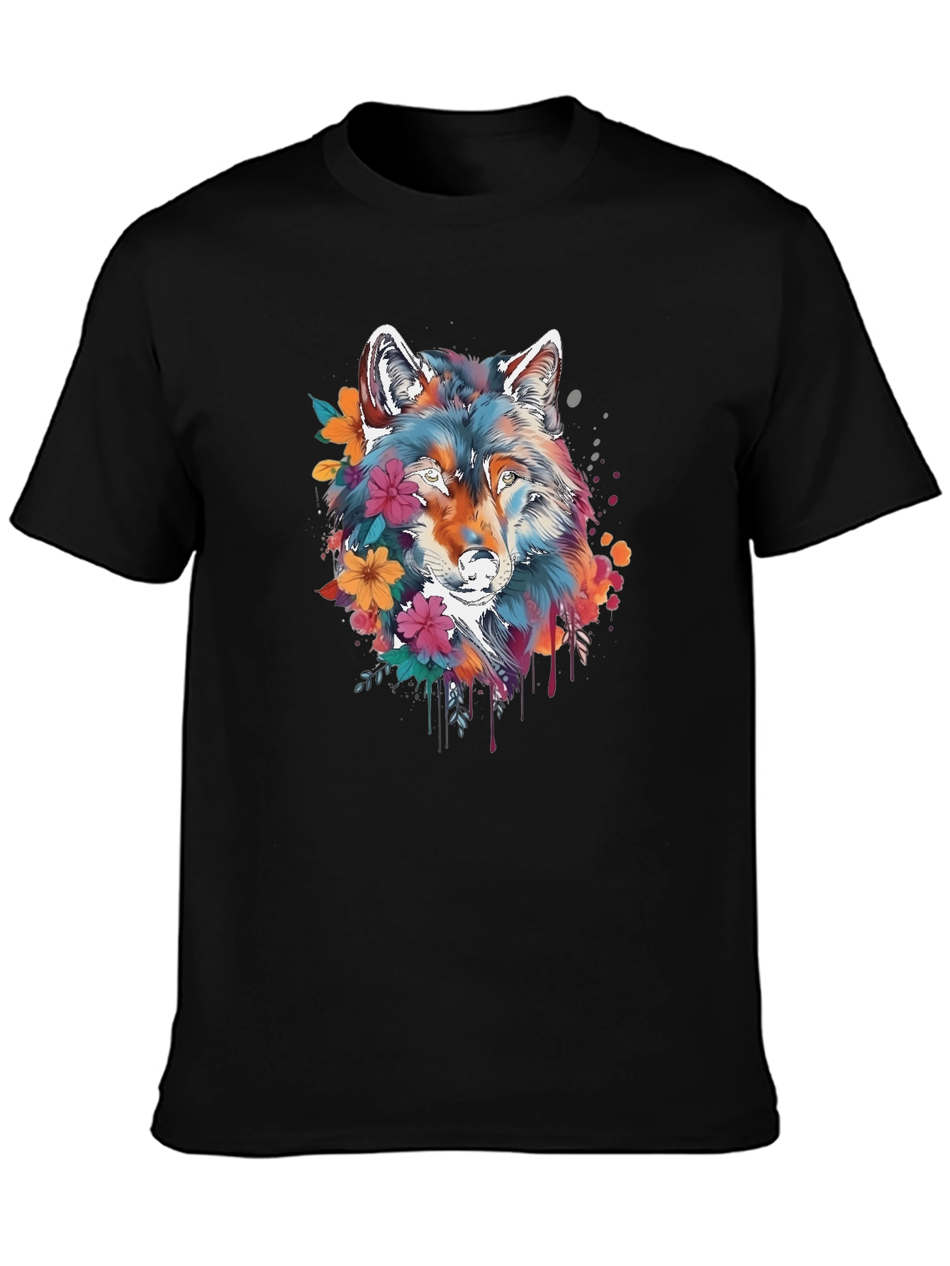 Floral Wolf Graphic Black T-Shirt