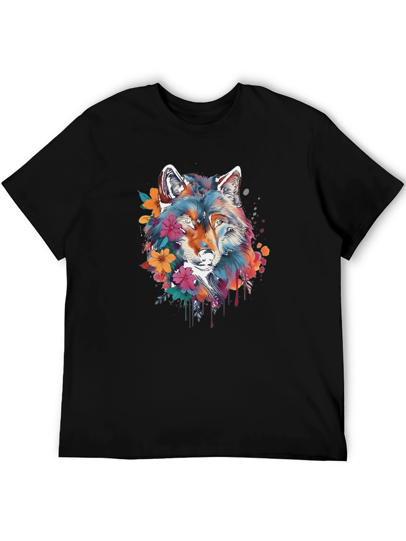 Floral Wolf Graphic Black T-Shirt