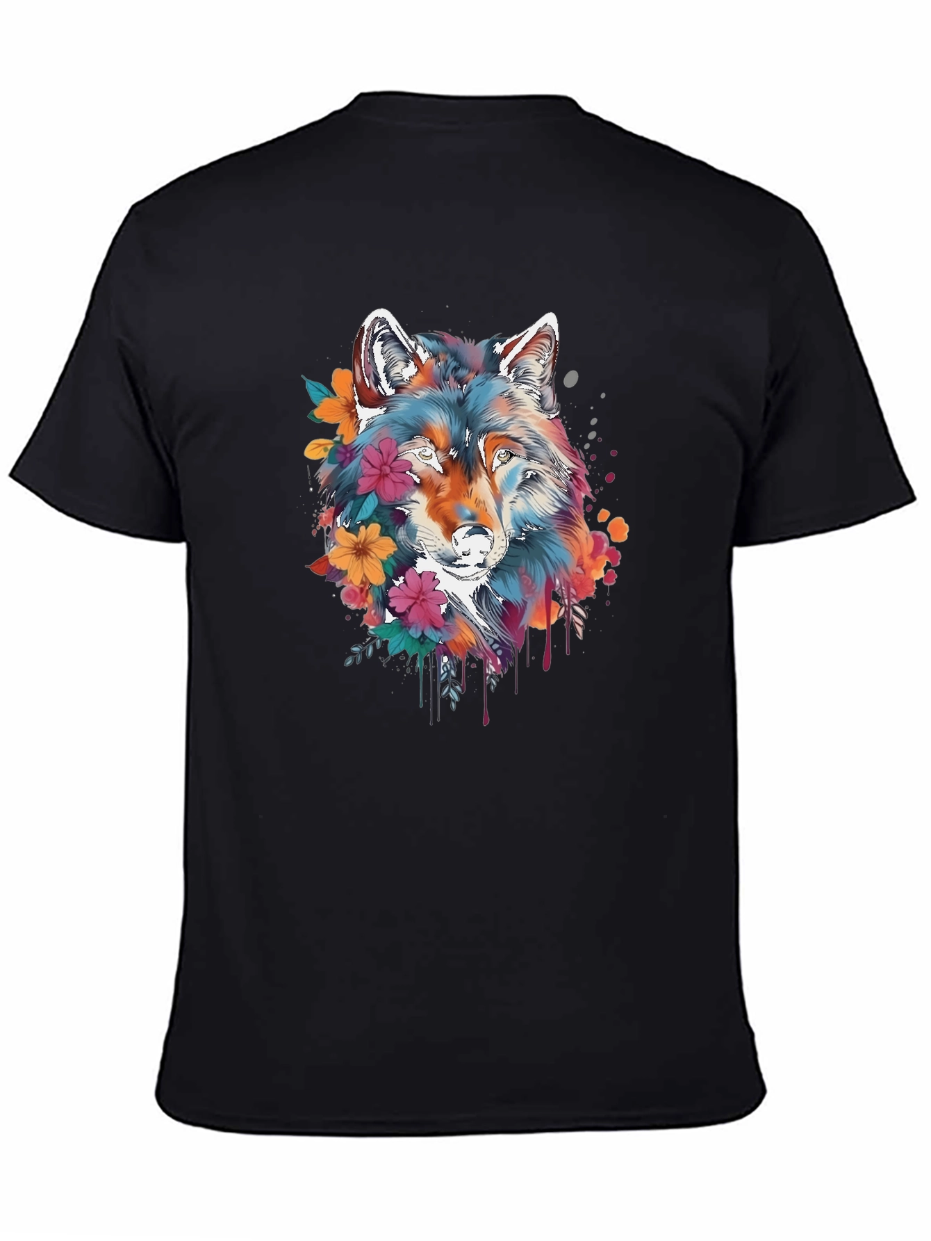Floral Wolf Graphic Black T-Shirt