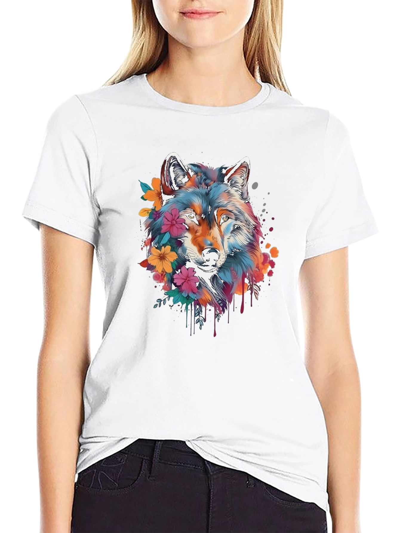 Floral Wolf Graphic Black T-Shirt