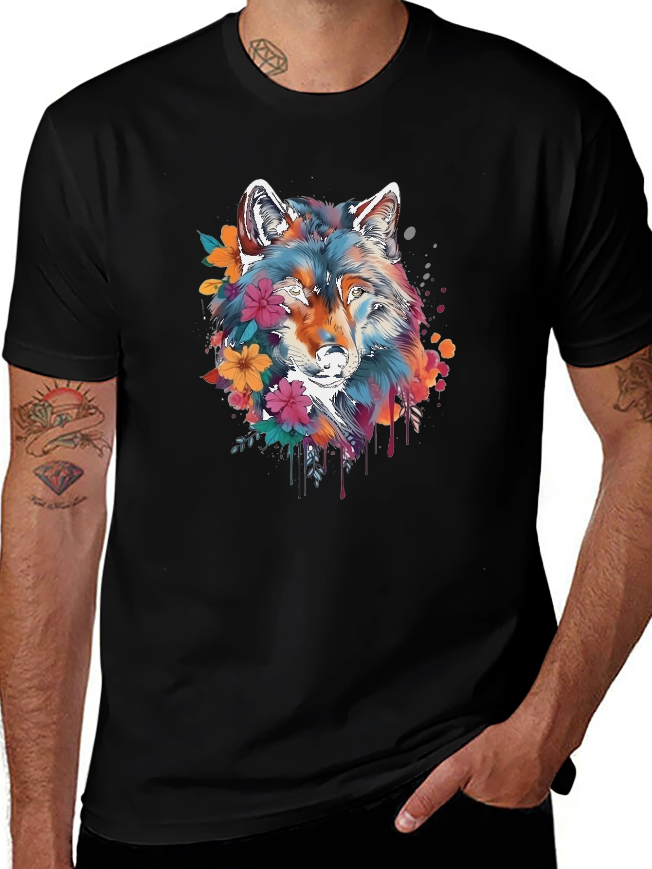 Floral Wolf Graphic Black T-Shirt