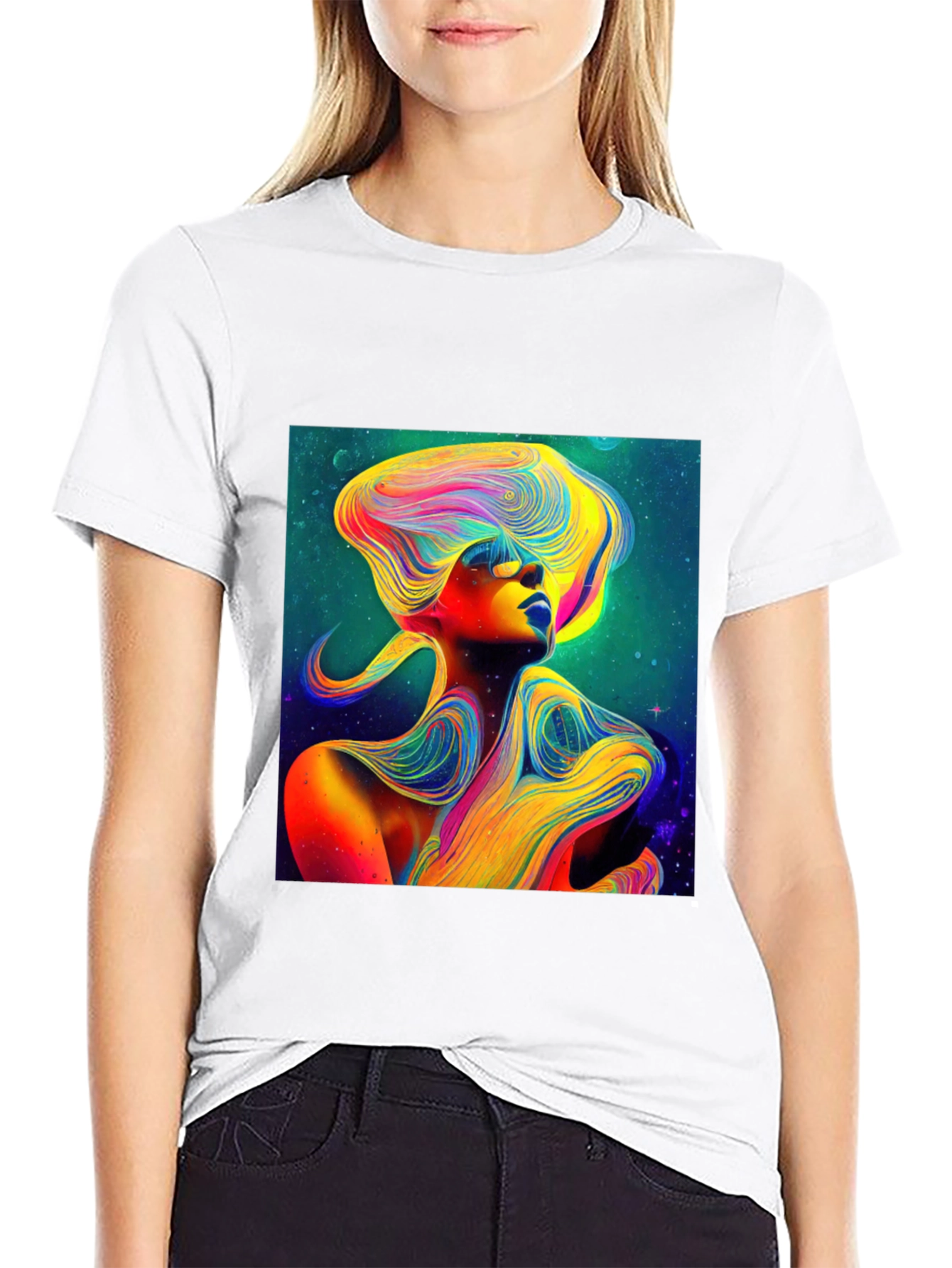 Vibrant Abstract Woman Graphic Tee - Unique Art Shirt