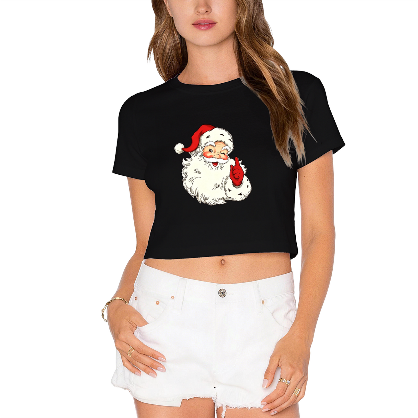 Retro Vintage Santa Claus Shhh Gesture Christmas Party Women Crop Top