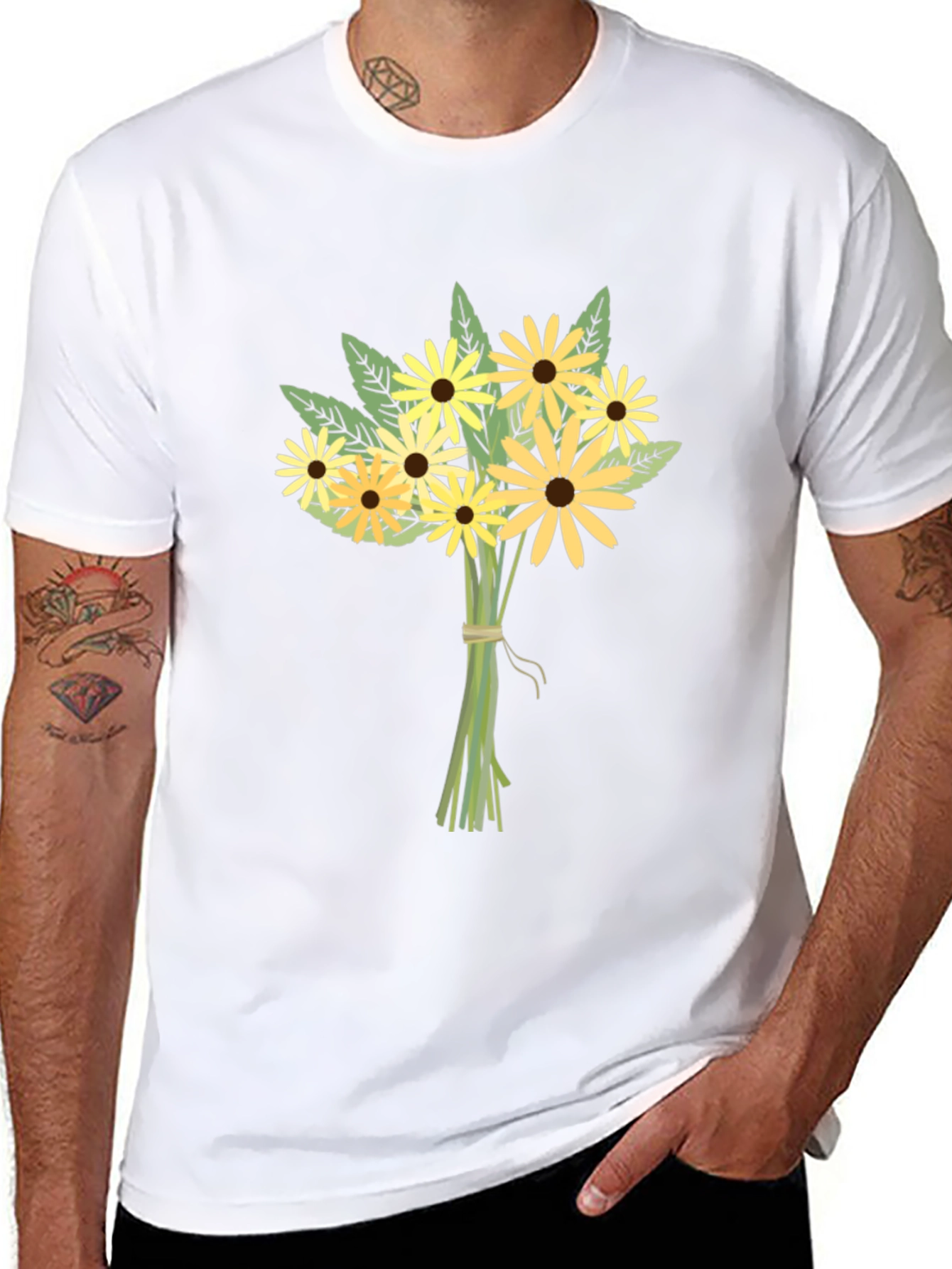 Floral Bouquet Graphic Tee - Black Cotton Casual