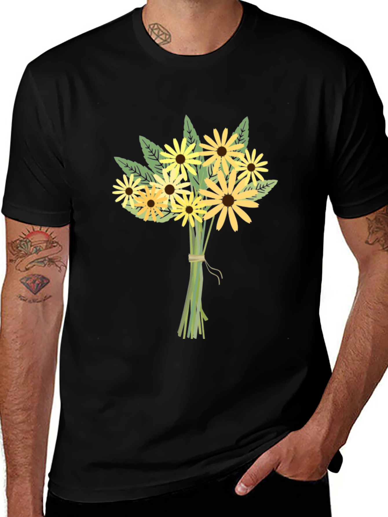Floral Bouquet Graphic Tee - Black Cotton Casual