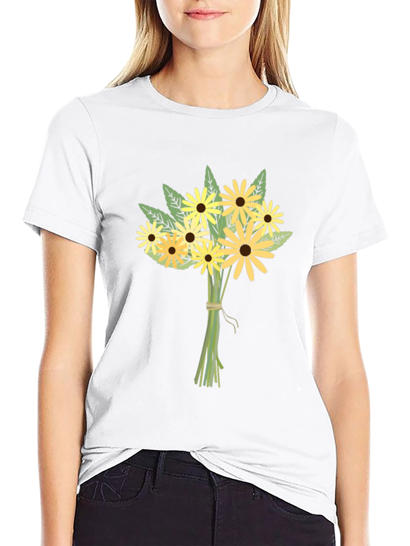 Floral Bouquet Graphic Tee - Black Cotton Casual
