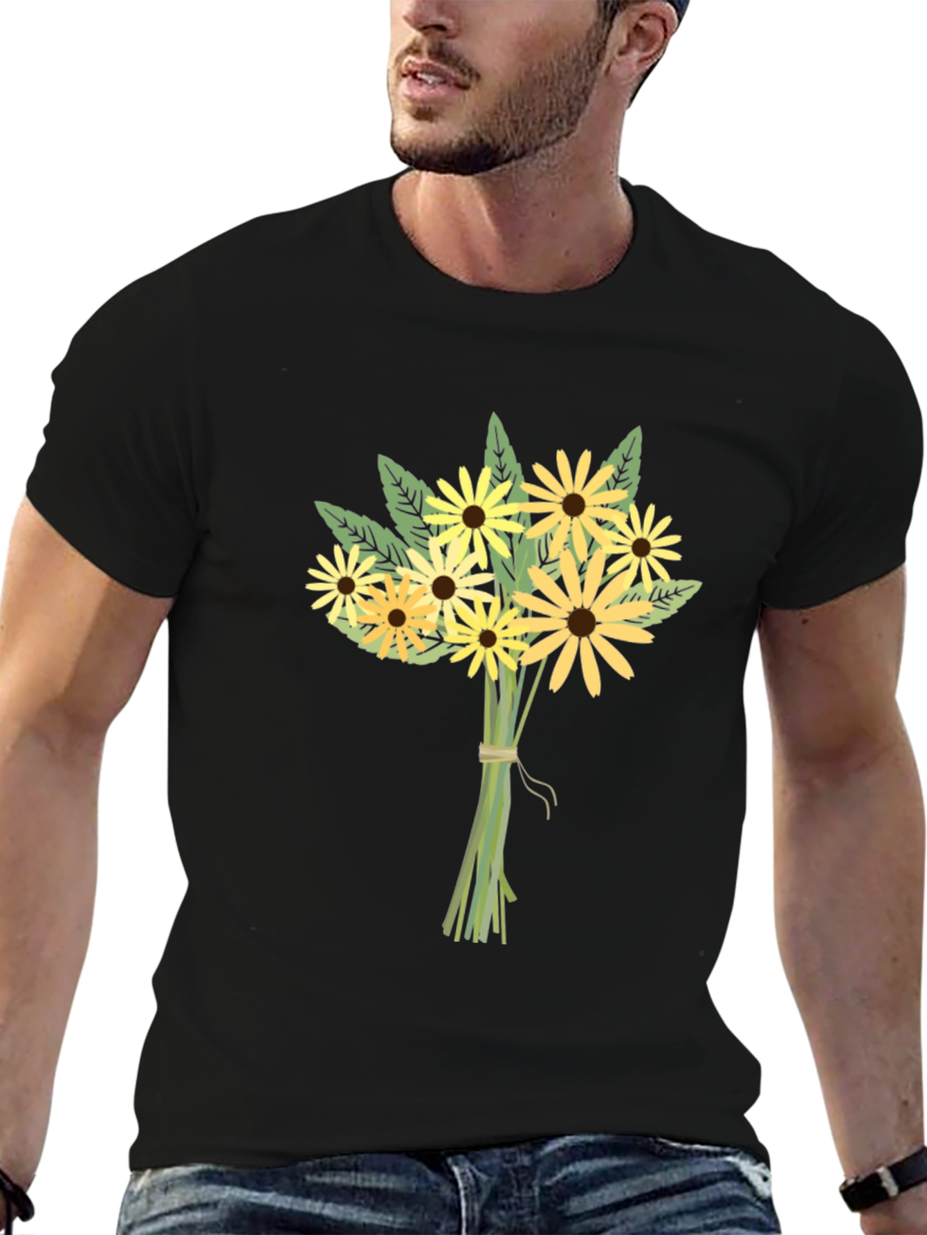 Floral Bouquet Graphic Tee - Black Cotton Casual