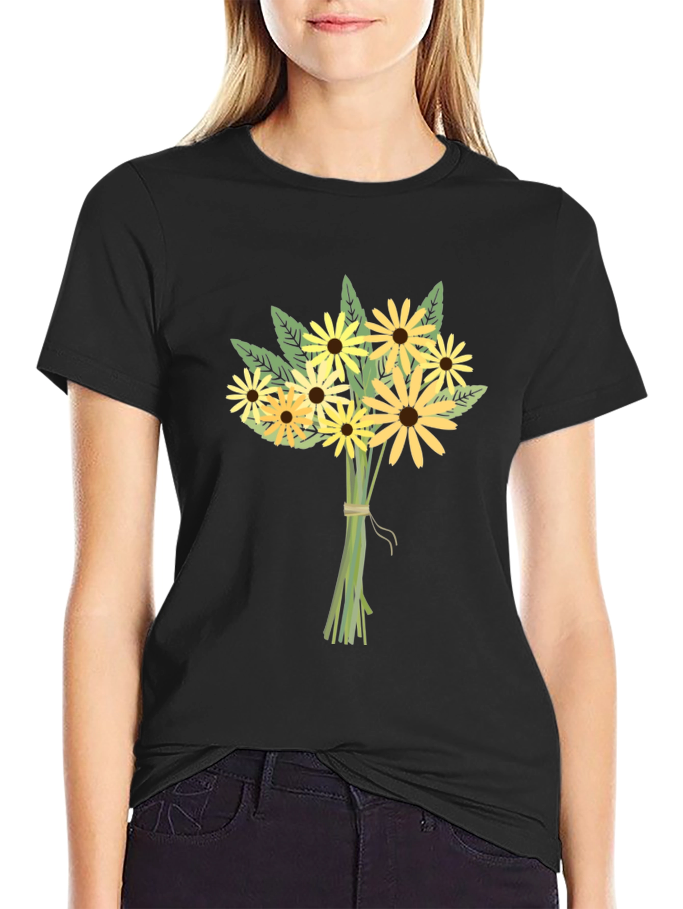 Floral Bouquet Graphic Tee - Black Cotton Casual