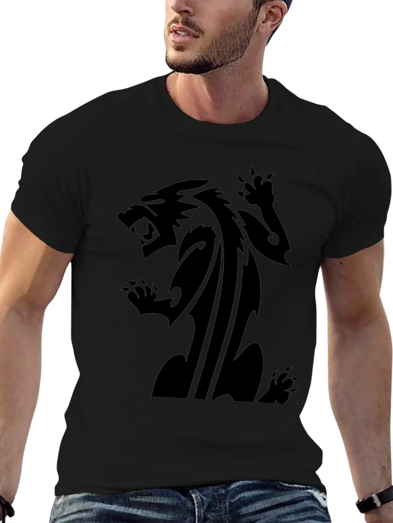 Mens Black T-Shirt with Fierce Animal Graphic