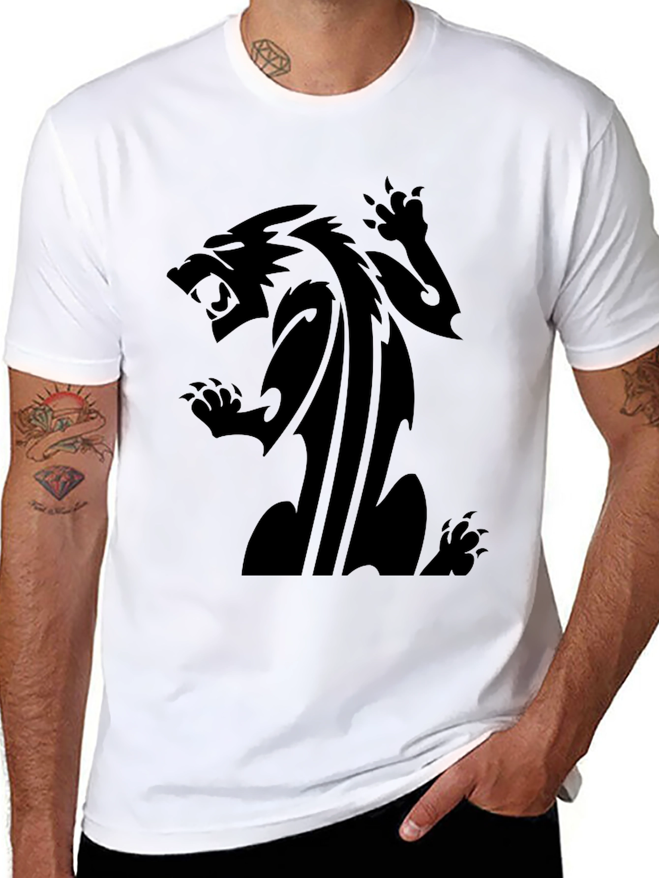 Mens Black T-Shirt with Fierce Animal Graphic