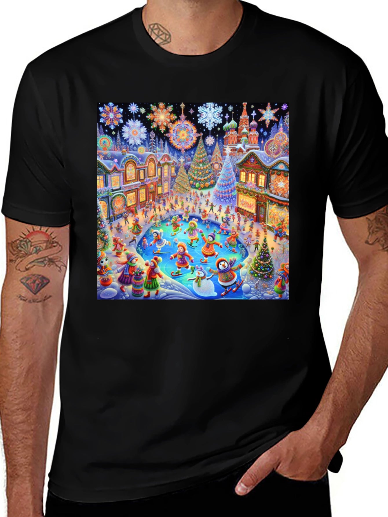 Winter Holiday Scene Black T-Shirt