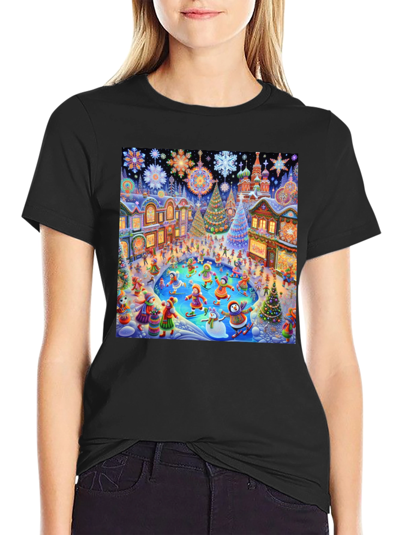 Winter Holiday Scene Black T-Shirt
