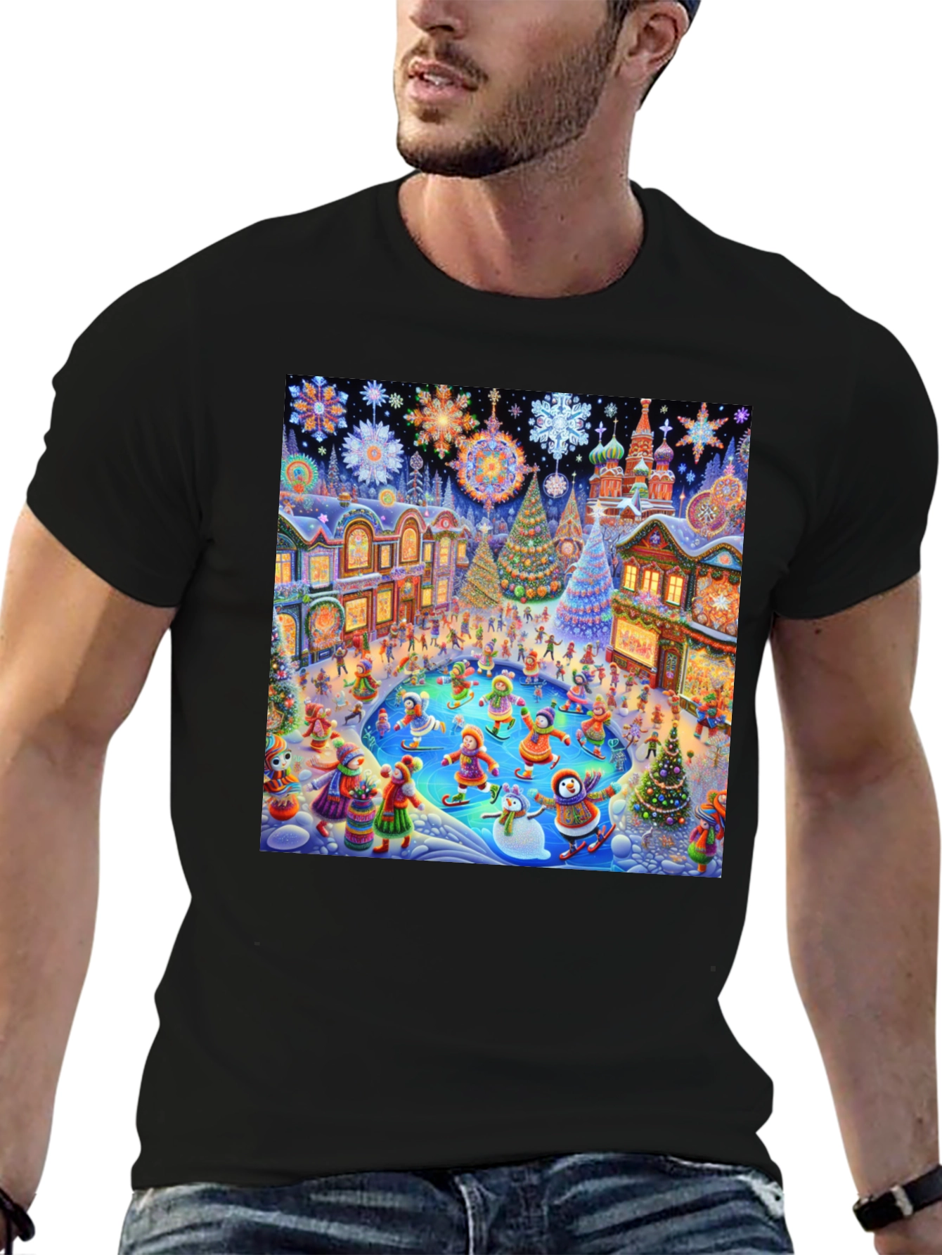 Winter Holiday Scene Black T-Shirt