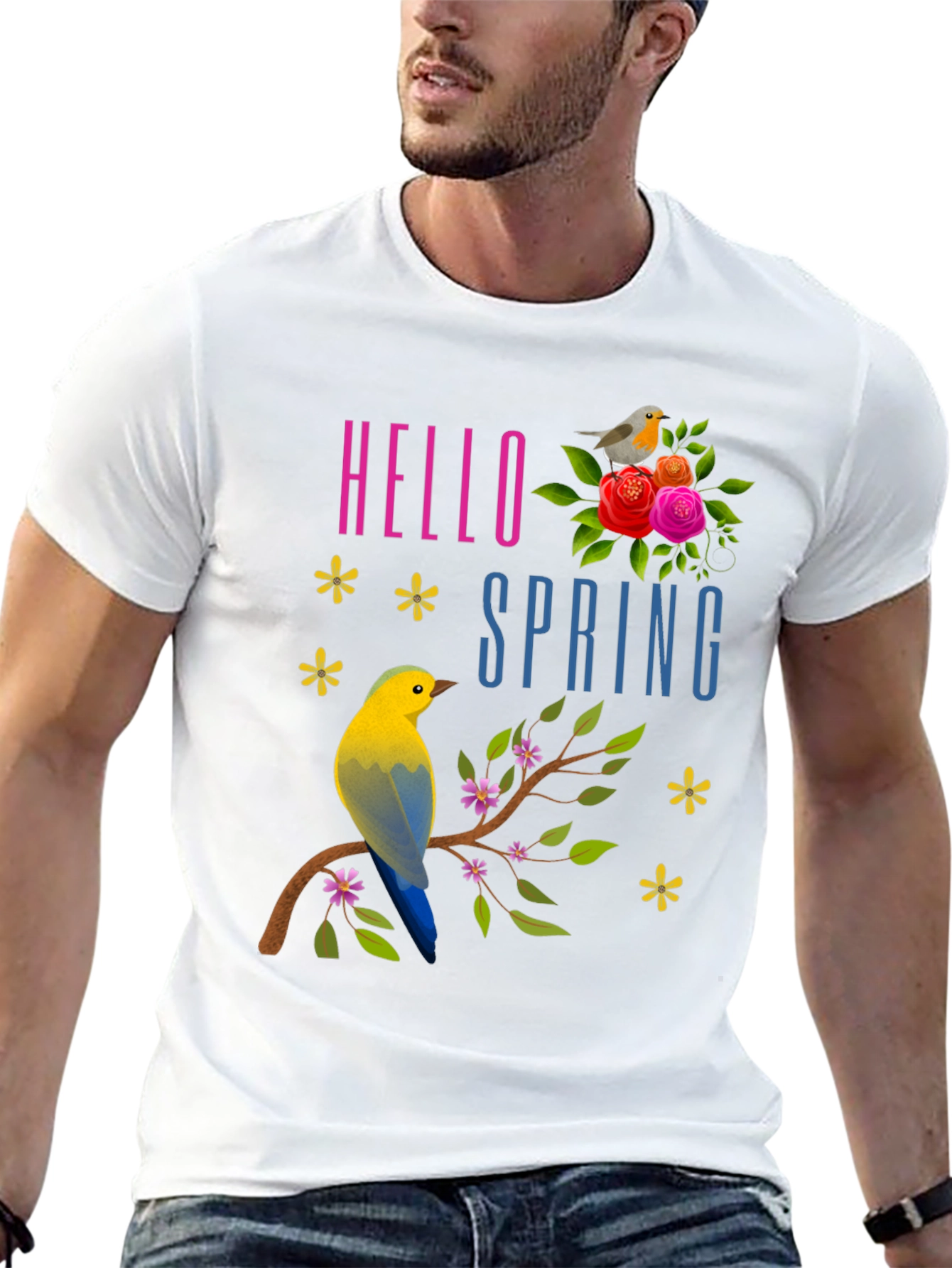Hello Spring T-Shirt with Birds & Flowers