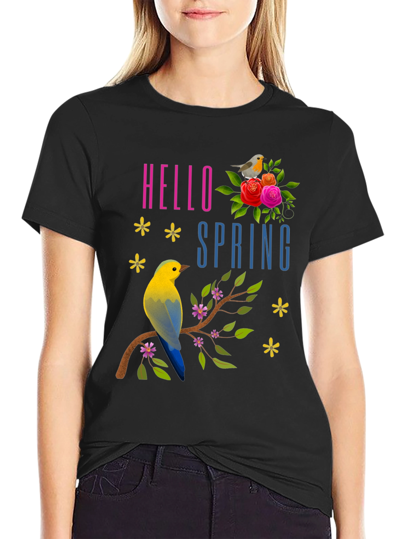 Hello Spring T-Shirt with Birds & Flowers