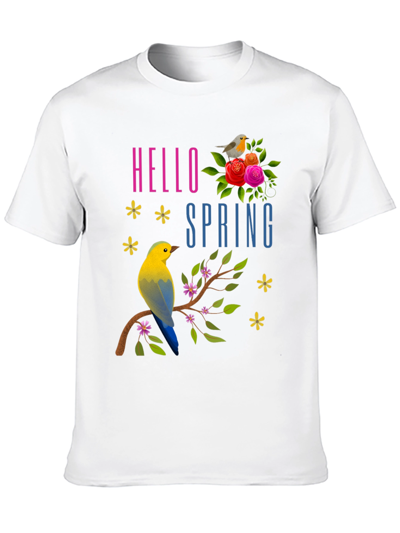 Hello Spring T-Shirt with Birds & Flowers