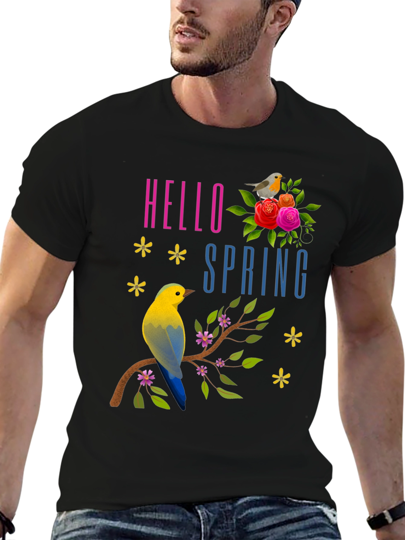 Hello Spring T-Shirt with Birds & Flowers