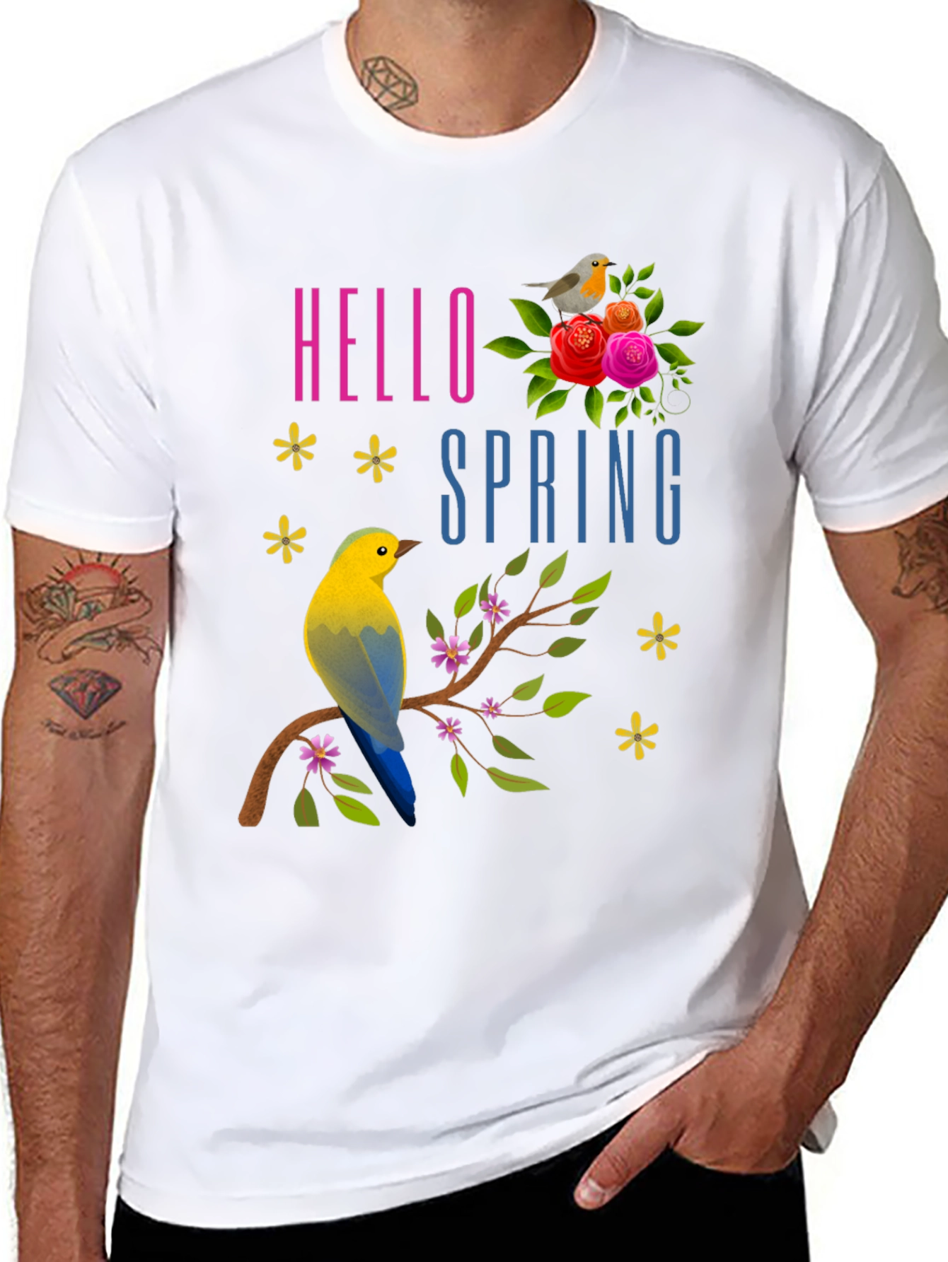 Hello Spring T-Shirt with Birds & Flowers
