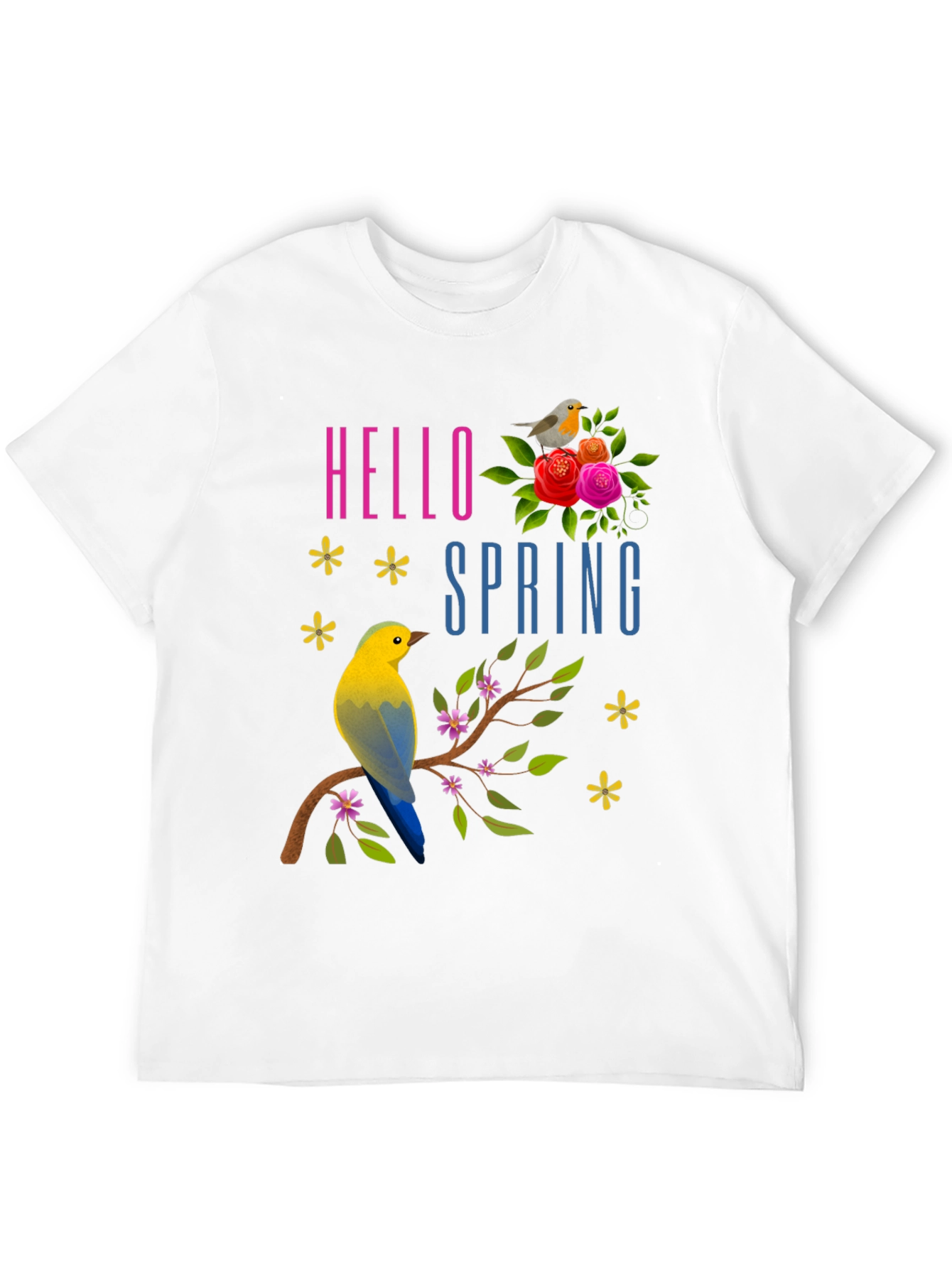 Hello Spring T-Shirt with Birds & Flowers