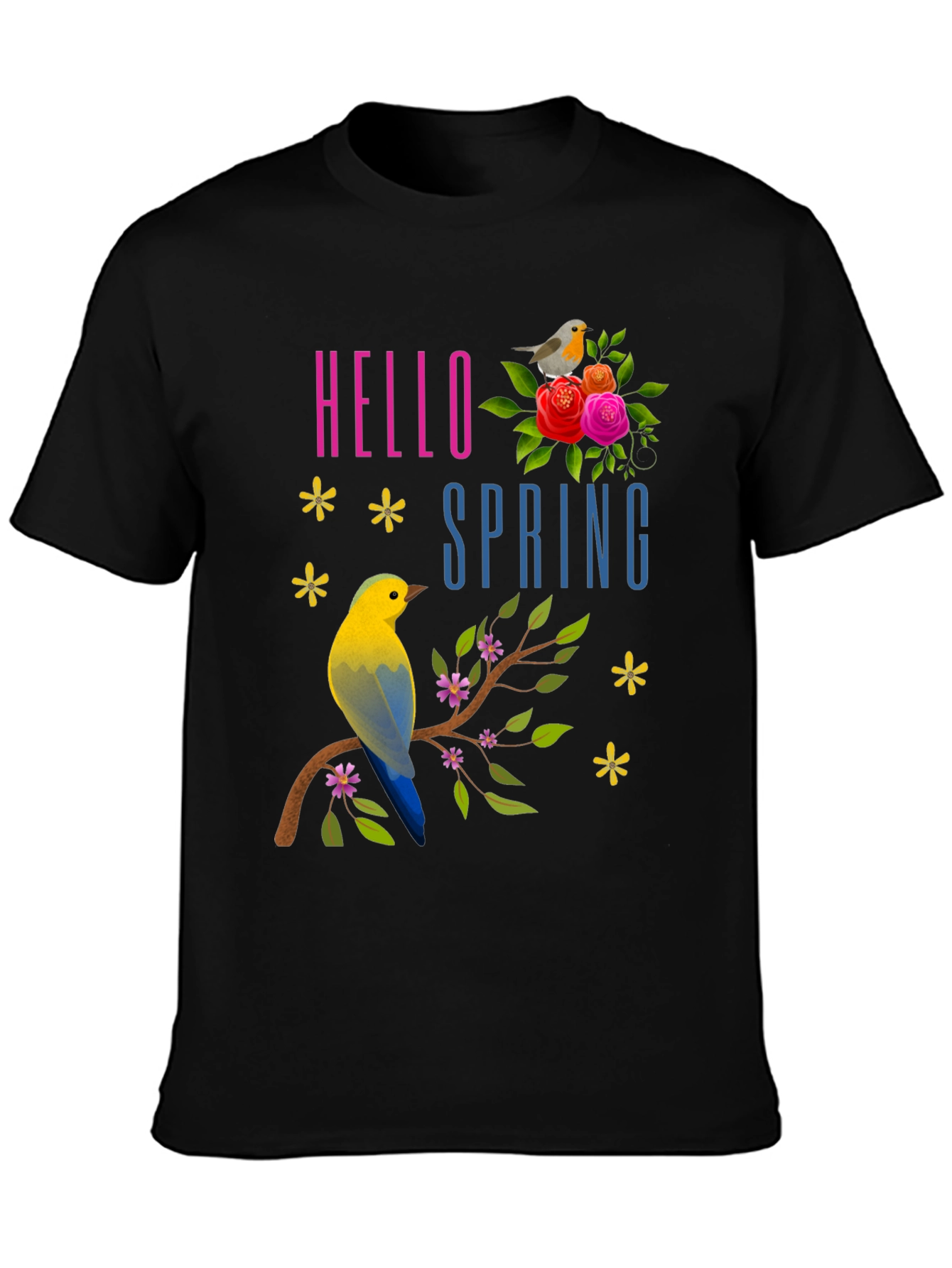 Hello Spring T-Shirt with Birds & Flowers