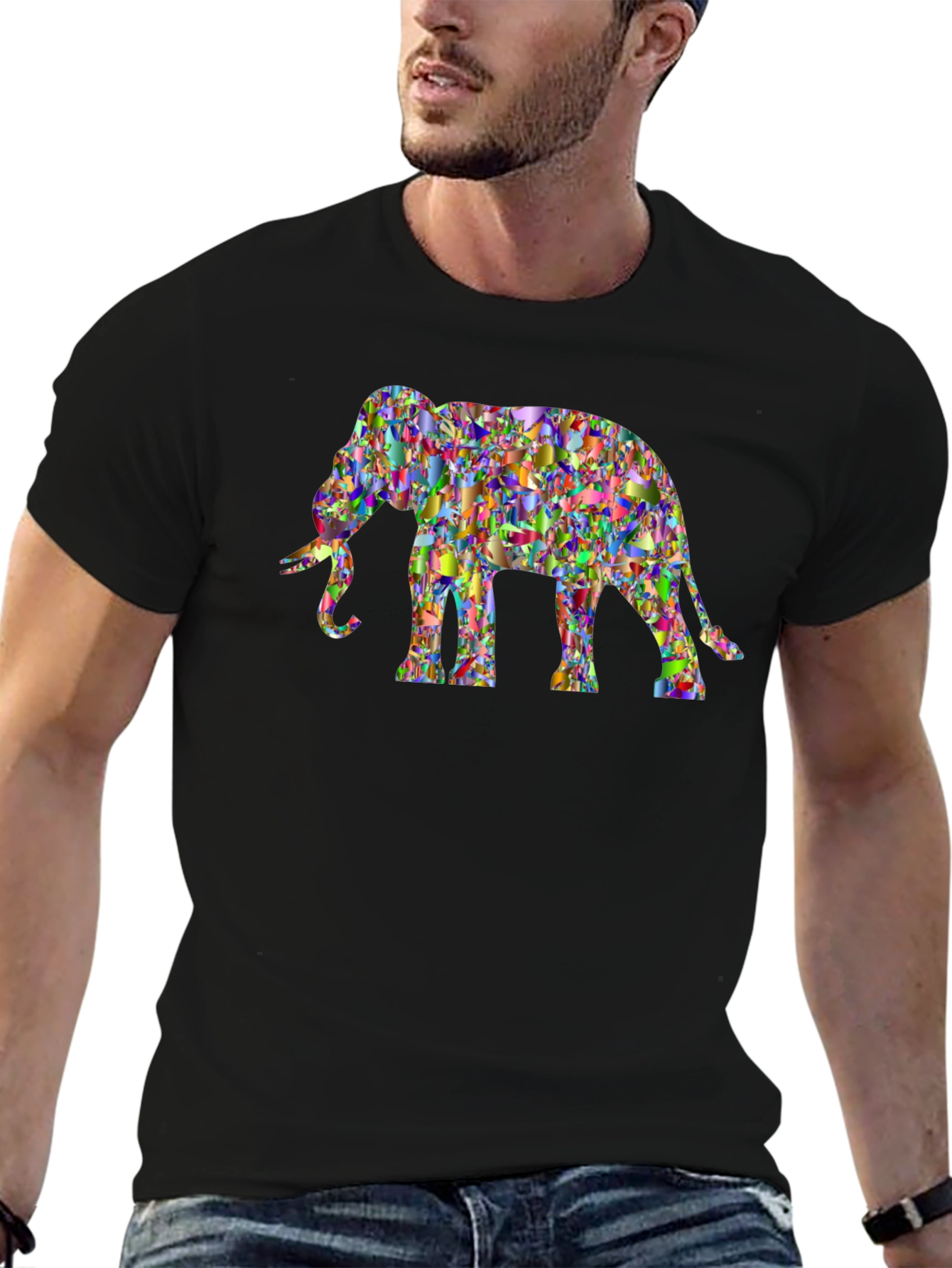 Abstract Elephant Graphic Tee - Black Cotton Casual Top