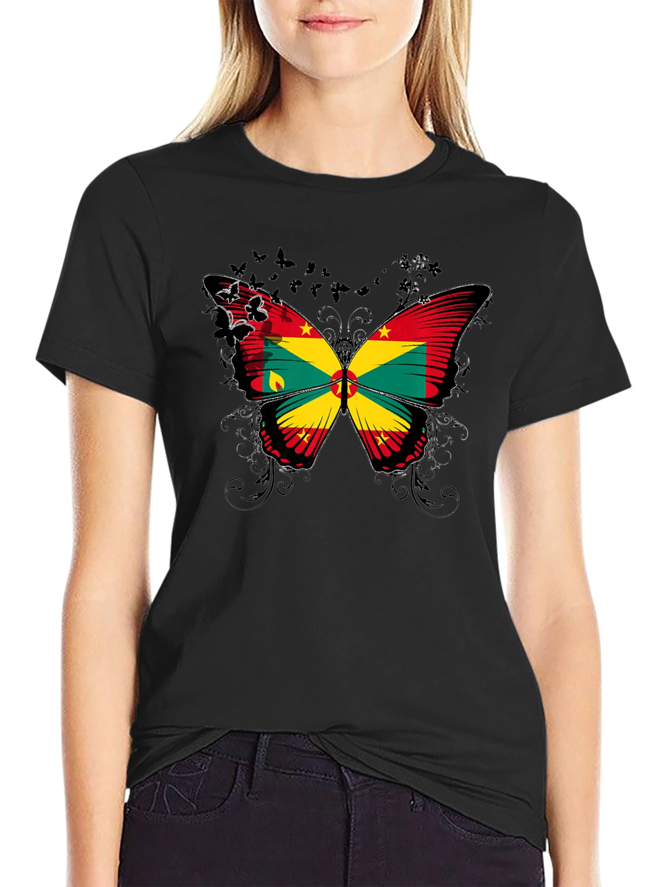 Grenada Flag Butterfly Graphic Tee - Black