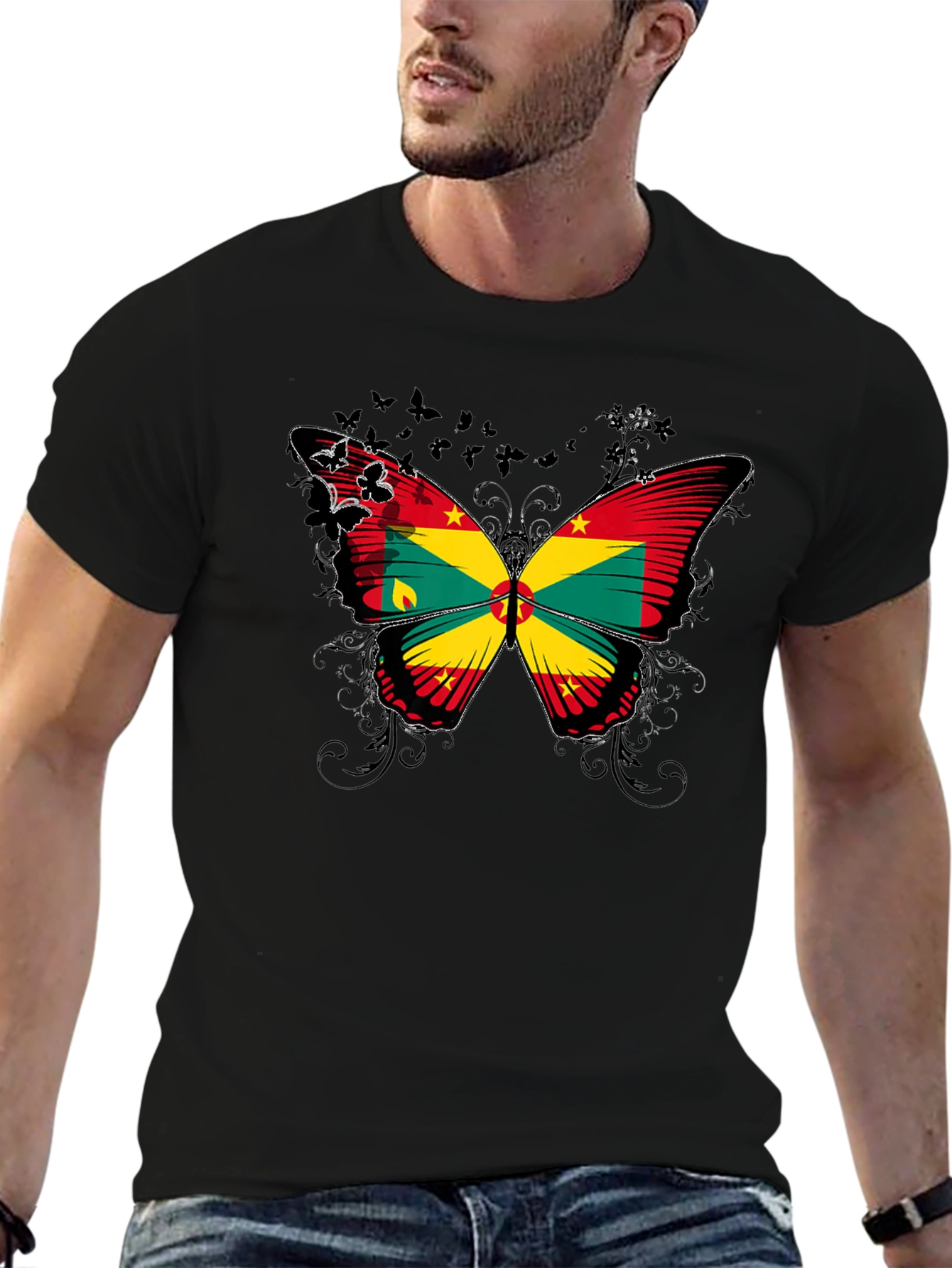 Grenada Flag Butterfly Graphic Tee - Black