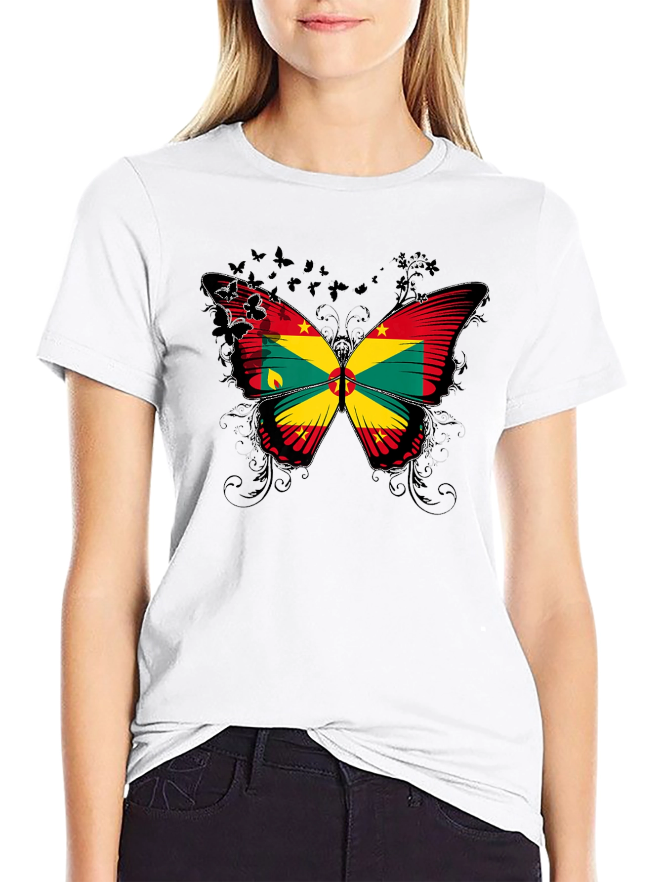 Grenada Flag Butterfly Graphic Tee - Black
