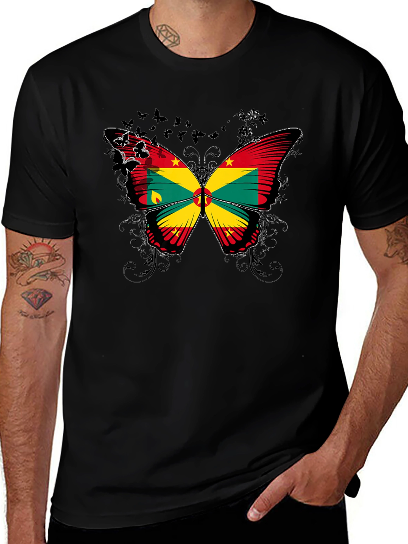 Grenada Flag Butterfly Graphic Tee - Black