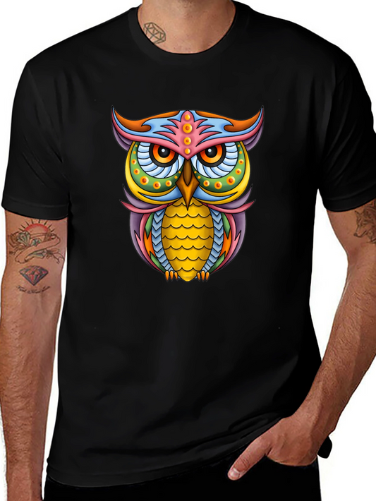 Vibrant Owl Graphic Black T-Shirt