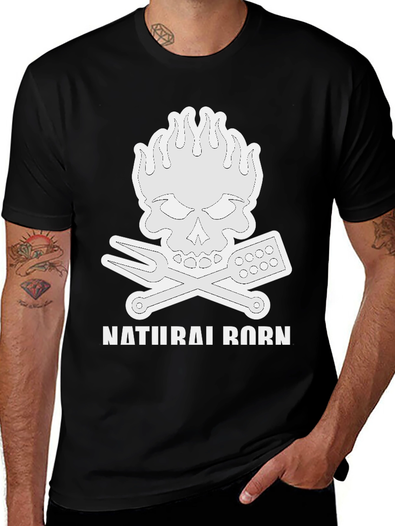 Natural Born Griller T-Shirt Skull Flames BBQ