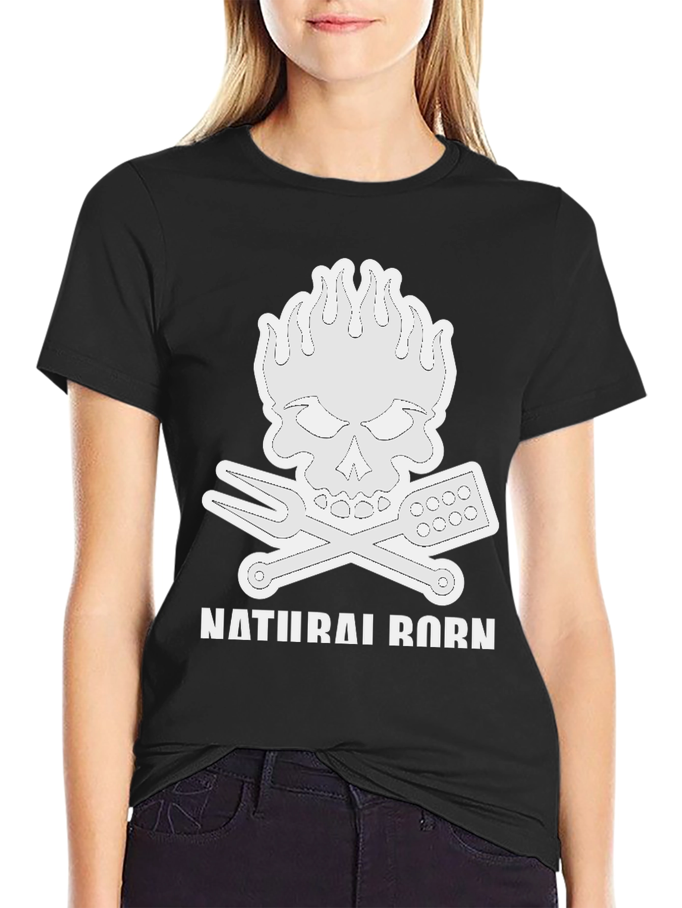 Natural Born Griller T-Shirt Skull Flames BBQ